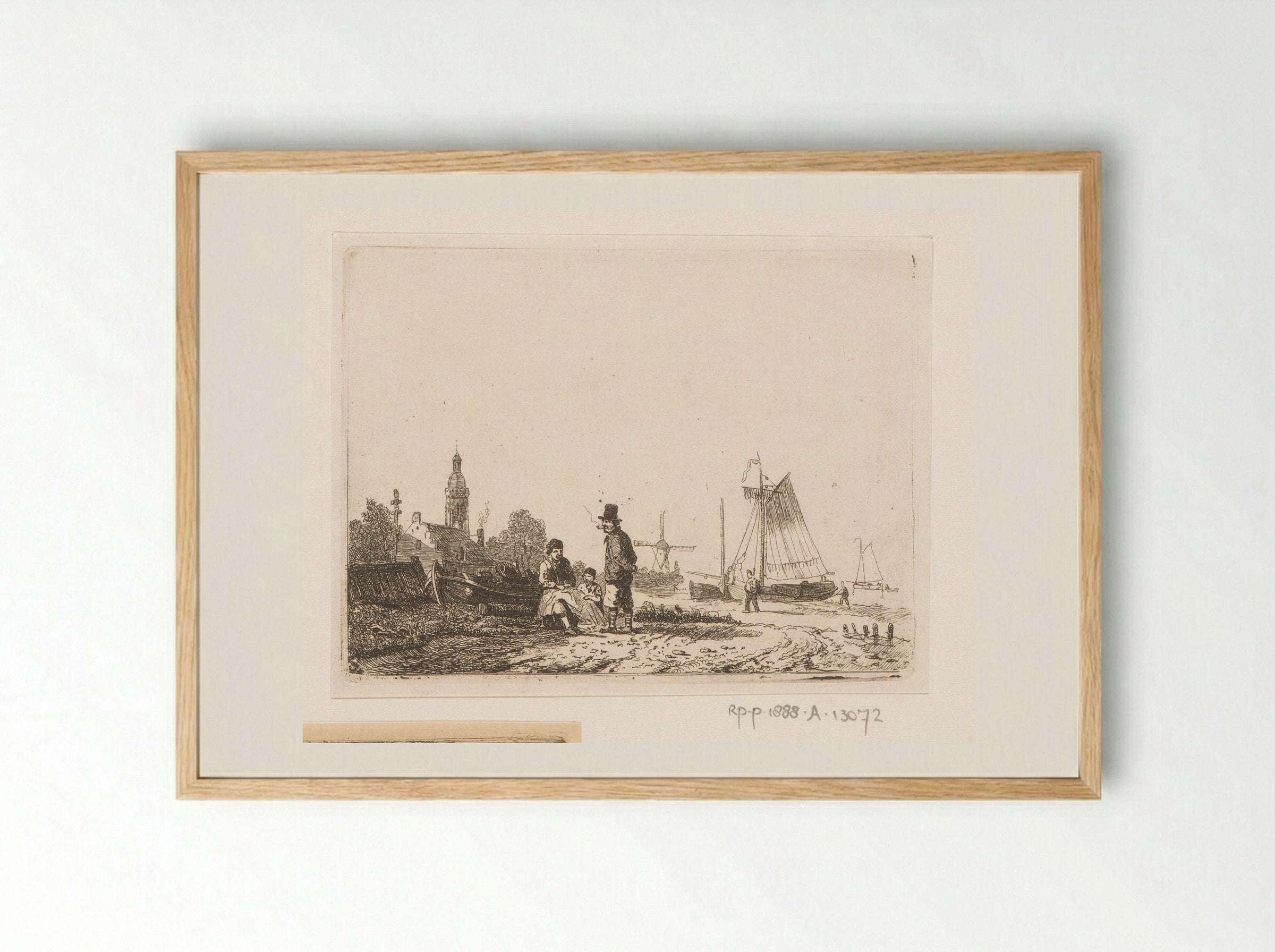 Fisherman with his Son Repairing a Net Under the Supervision of a Pipe-Smoking Old Sailor - Egidius Linnig - Framed Print Wood