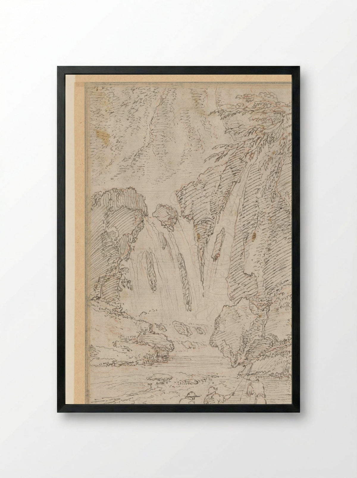 Fishermen by a Waterfall - Gaspard Dughet - Framed Print Black