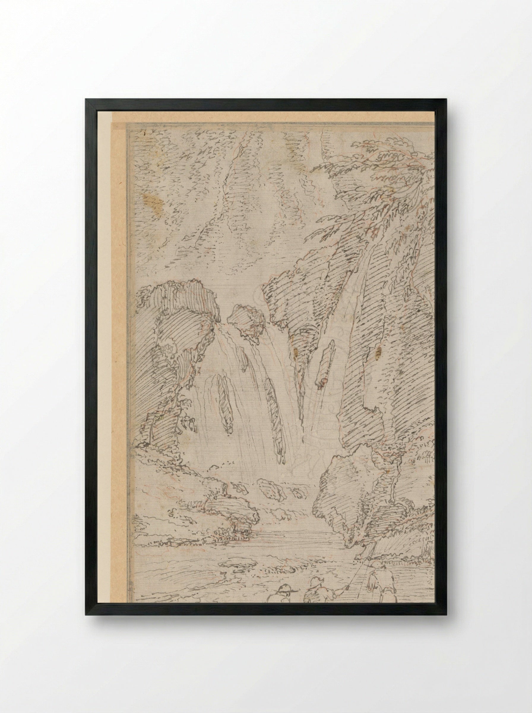 Fishermen by a Waterfall - Gaspard Dughet - Framed Print Black