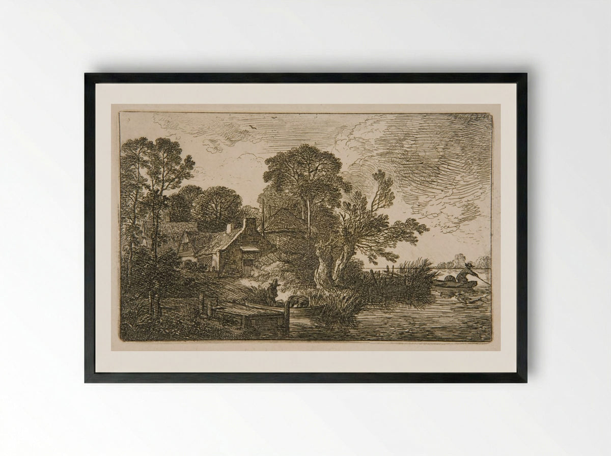 Fishermen's Huts by the Water - Christian Wilhelm Ernst Dietrich - Framed Print Black