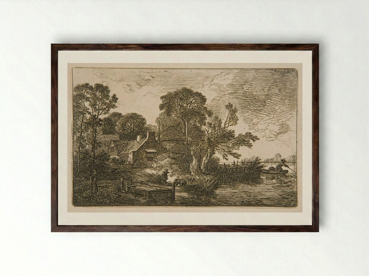 Fishermen's Huts by the Water - Christian Wilhelm Ernst Dietrich - Framed Print Dark Wood
