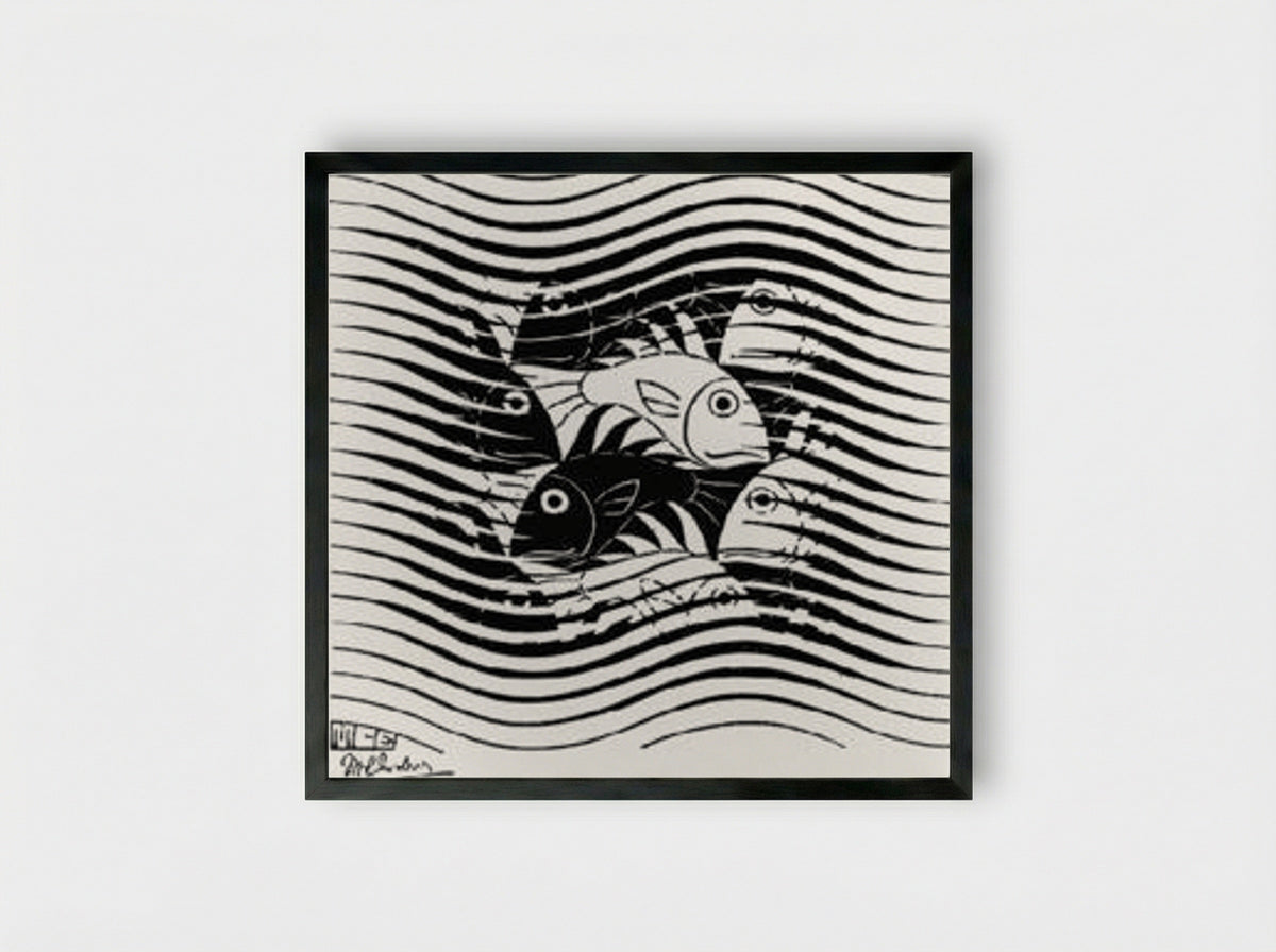 Fishes in Waves - M.C. Escher - Framed Print Black