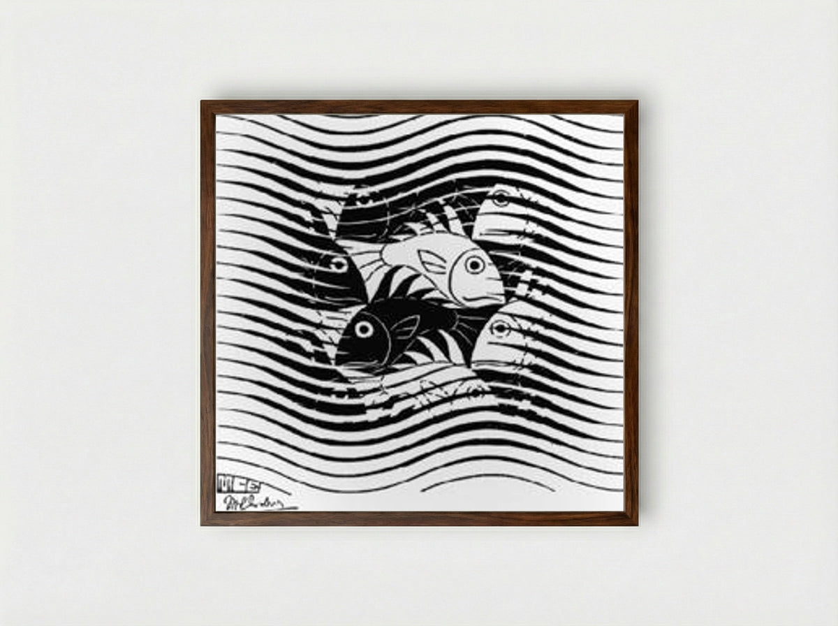 Fishes in Waves - M.C. Escher - Framed Print Dark Wood