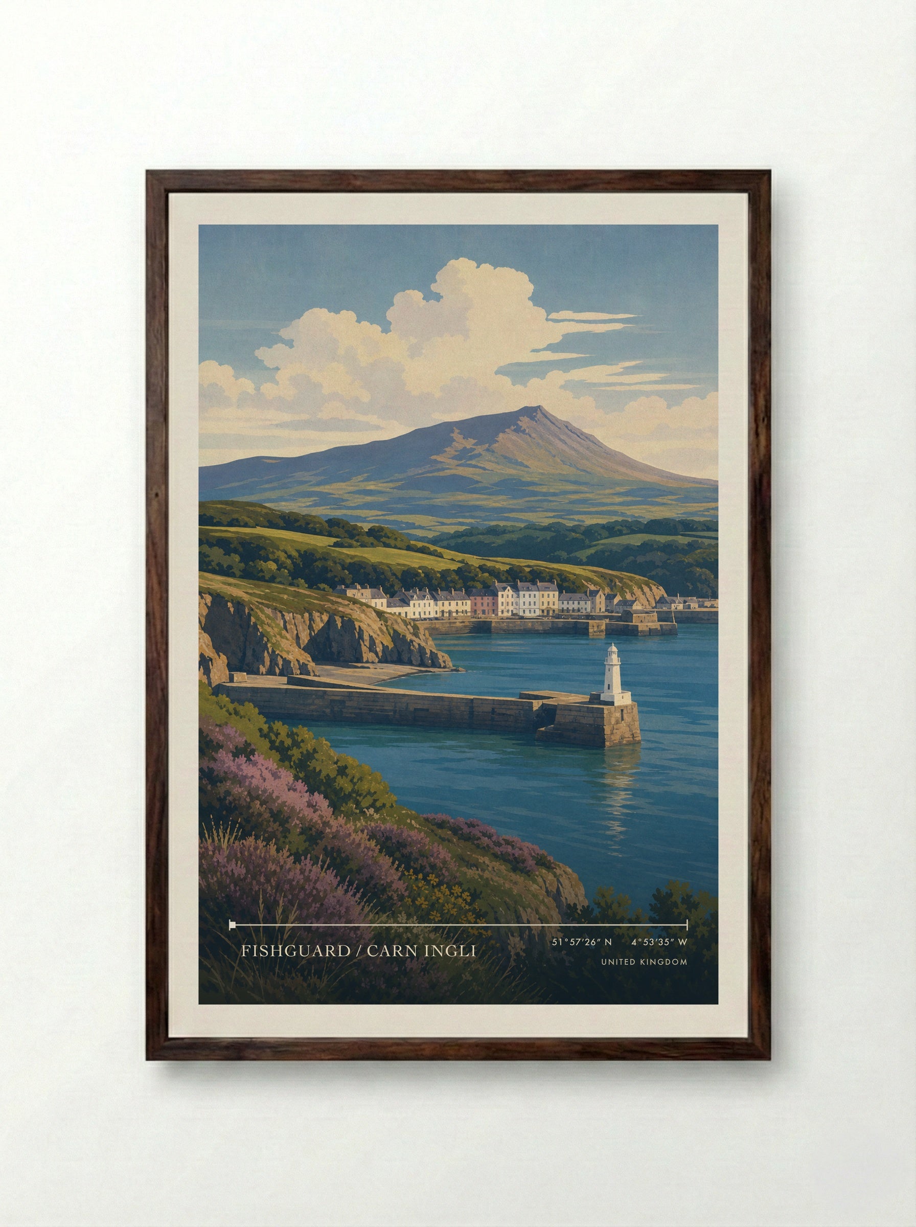 Fishguard / Carn Ingli United Kingdom Travel Poster - Framed Print Dark Wood