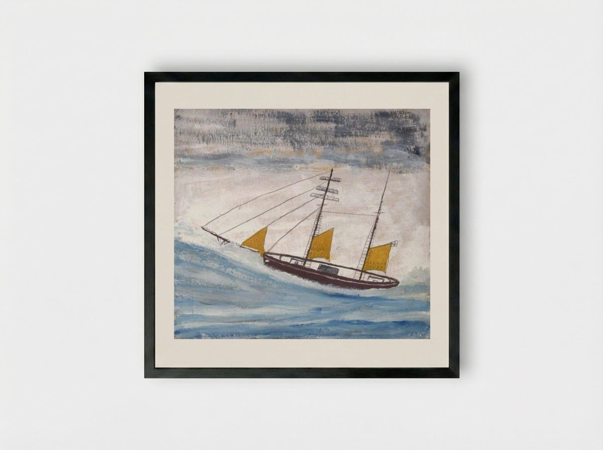 Fishing Boat with Two Masts and Yellow Sails - Alfred Wallis - Framed Print Black