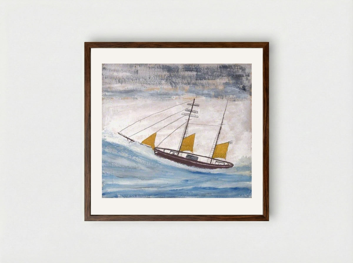 Fishing Boat with Two Masts and Yellow Sails - Alfred Wallis - Framed Print Dark Wood