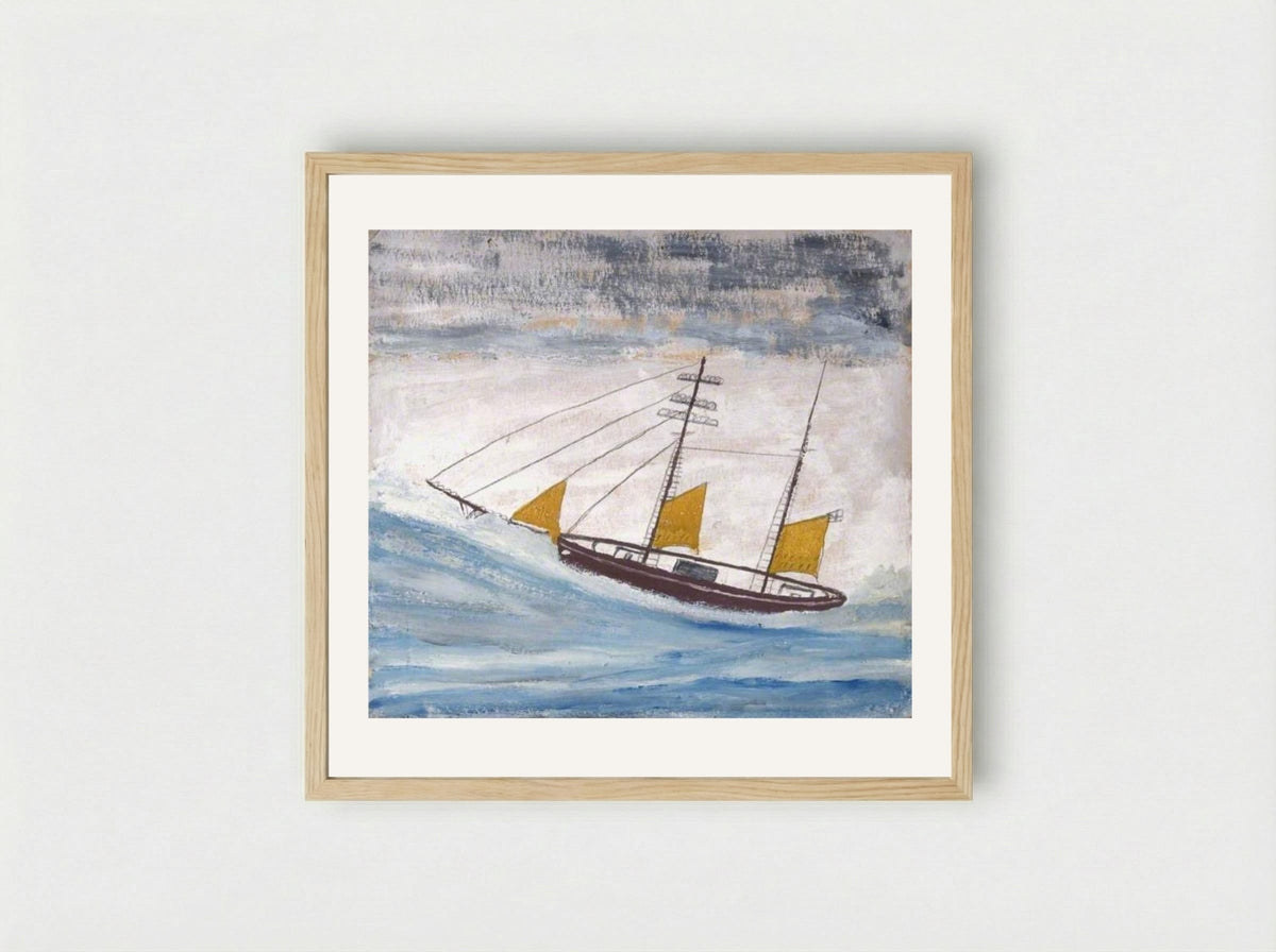 Fishing Boat with Two Masts and Yellow Sails - Alfred Wallis - Framed Print Wood
