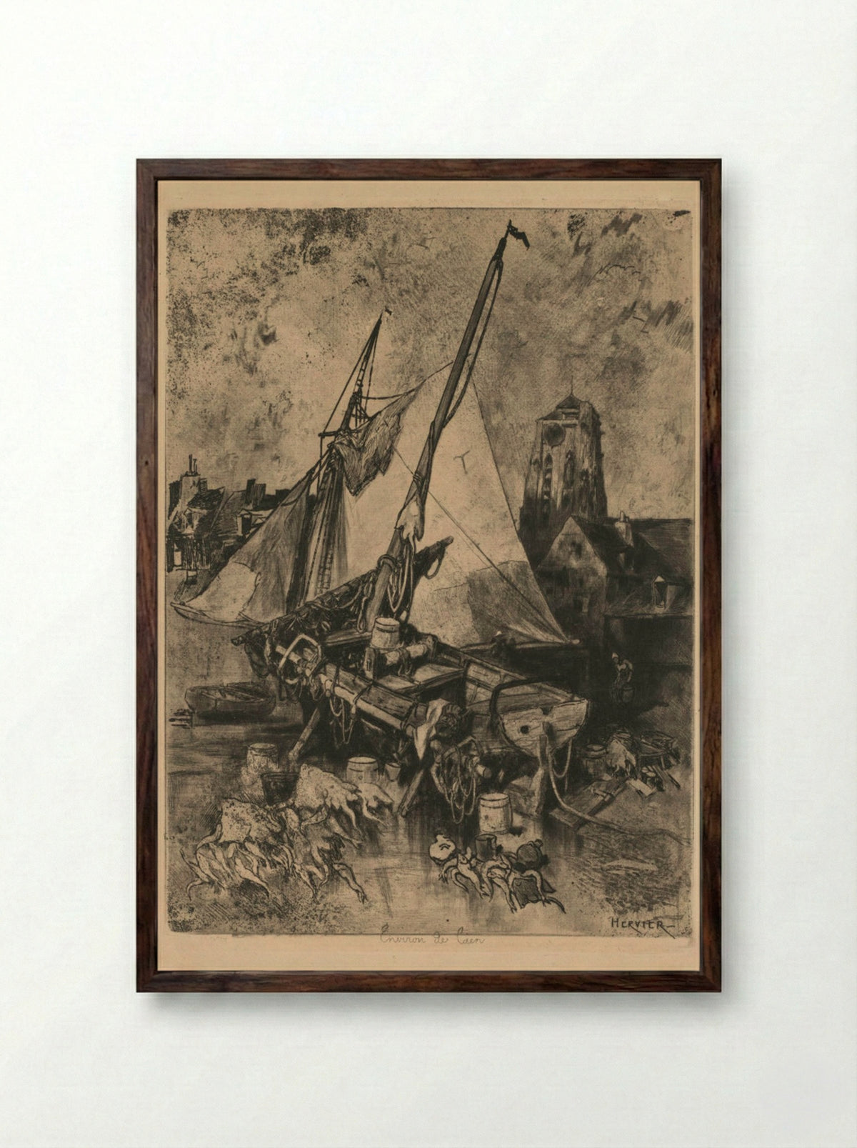Fishing Boats, Normandy (Environ de Caen) - Louis Adolphe Hervier - Framed Print Dark Wood