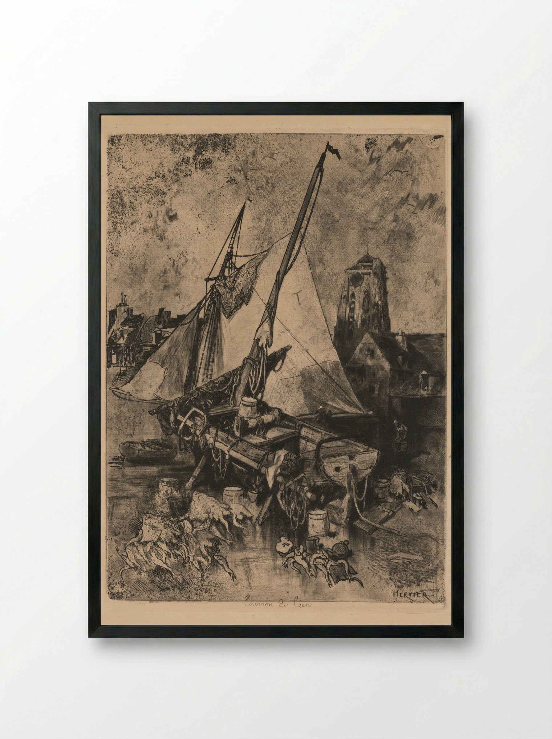 Fishing Boats, Normandy - Louis Adolphe Hervier - Framed Print Black