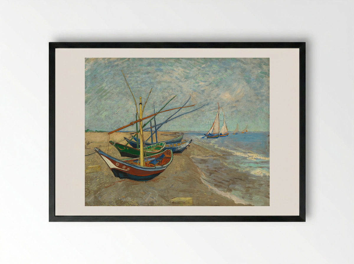 Fishing Boats on the Beach at Les Saintes-Maries-de-la-Mer - Vincent van Gogh - Framed Print Black