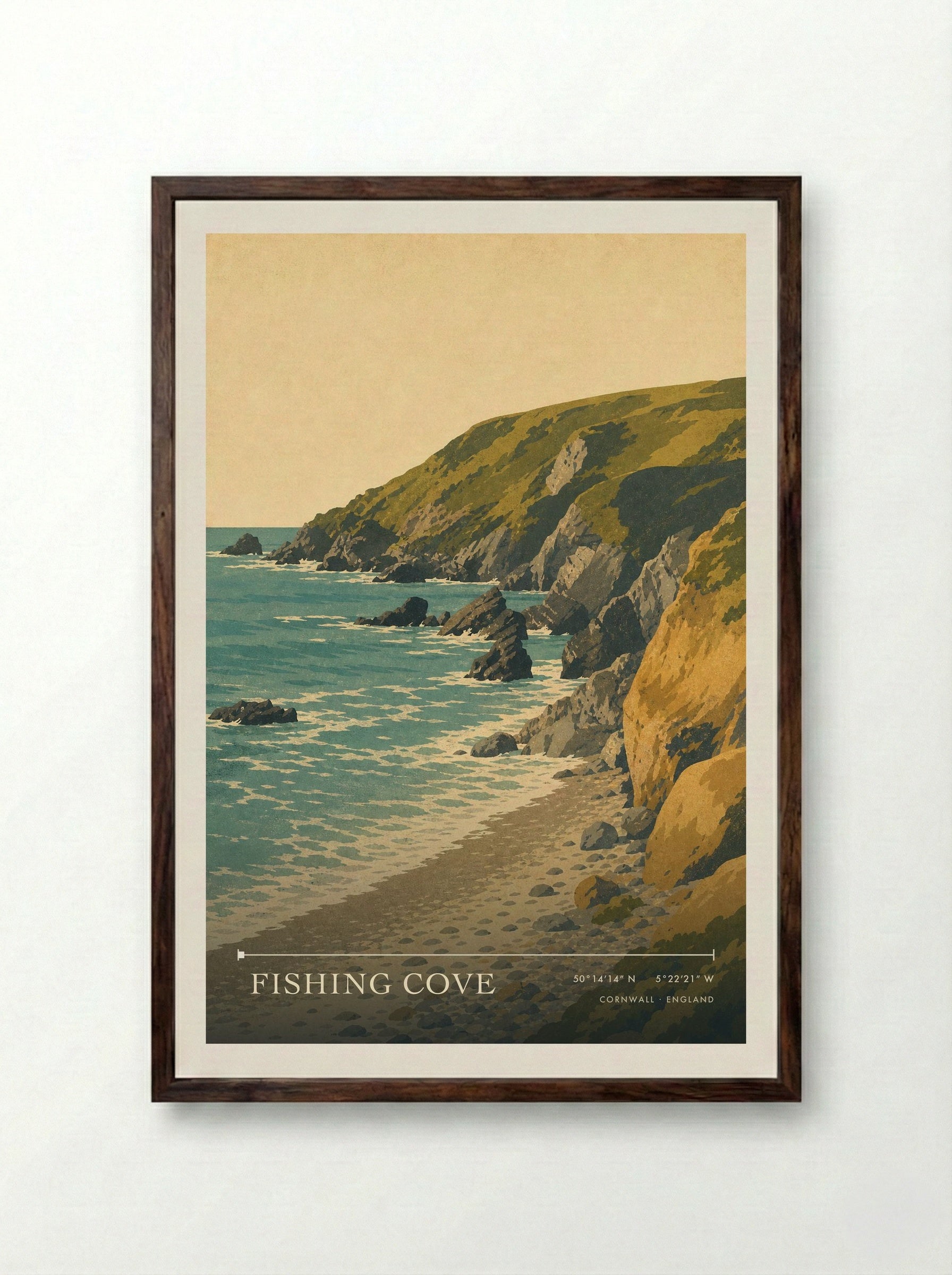 Fishing Cove Cornwall England Travel Poster - Framed Print Dark Wood