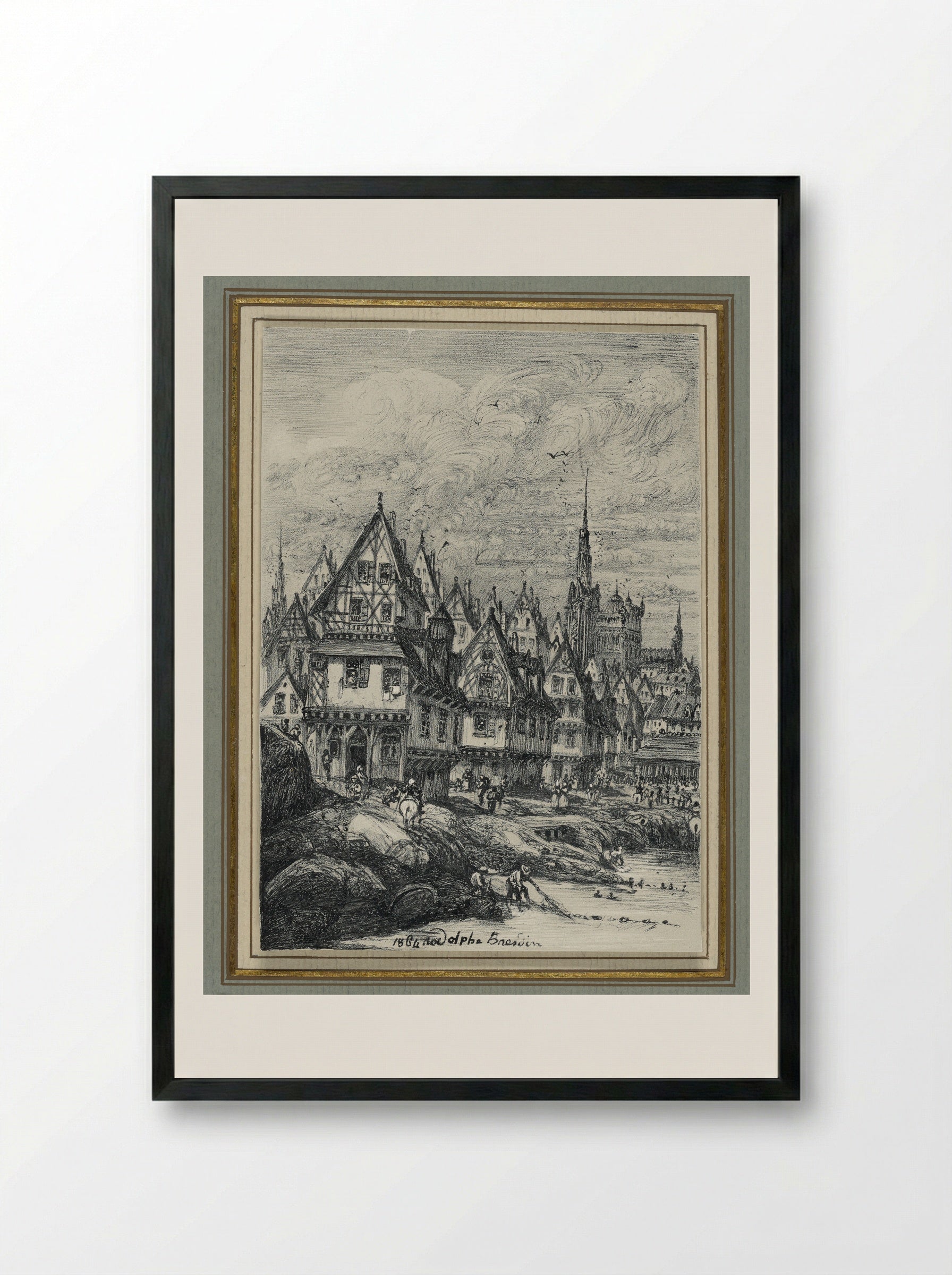 Fishing Port with Clock Tower - Rodolphe Bresdin - Framed Print Black