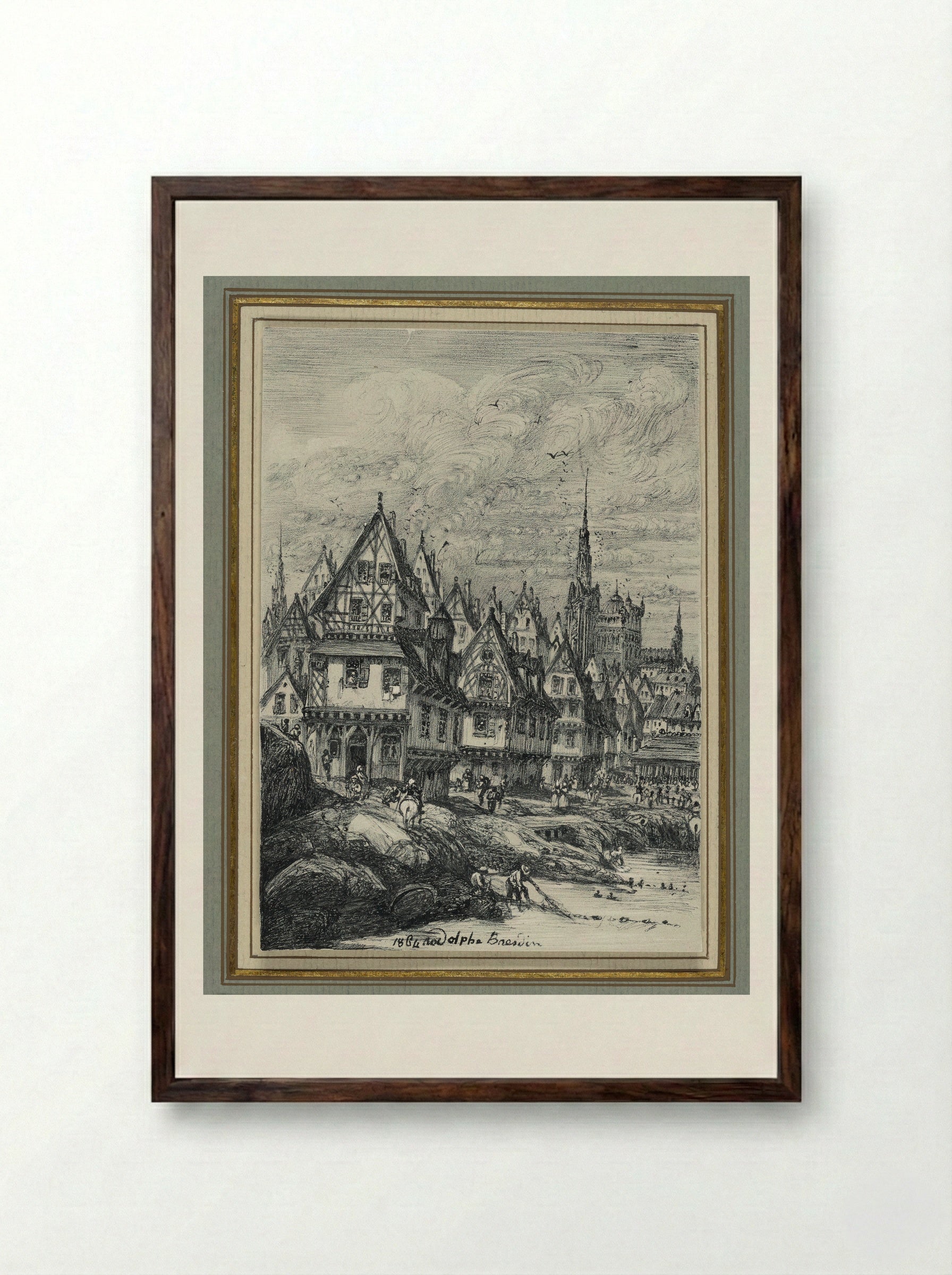 Fishing Port with Clock Tower - Rodolphe Bresdin - Framed Print Dark Wood