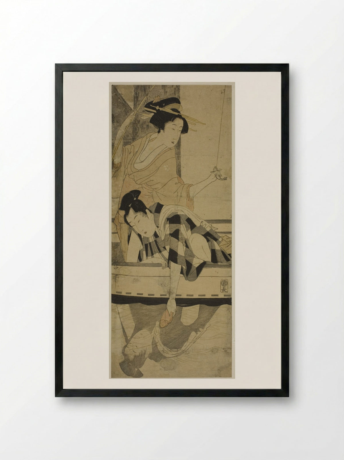 Fishing beneath a Bridge - Kitagawa Utamaro - Framed Print Black