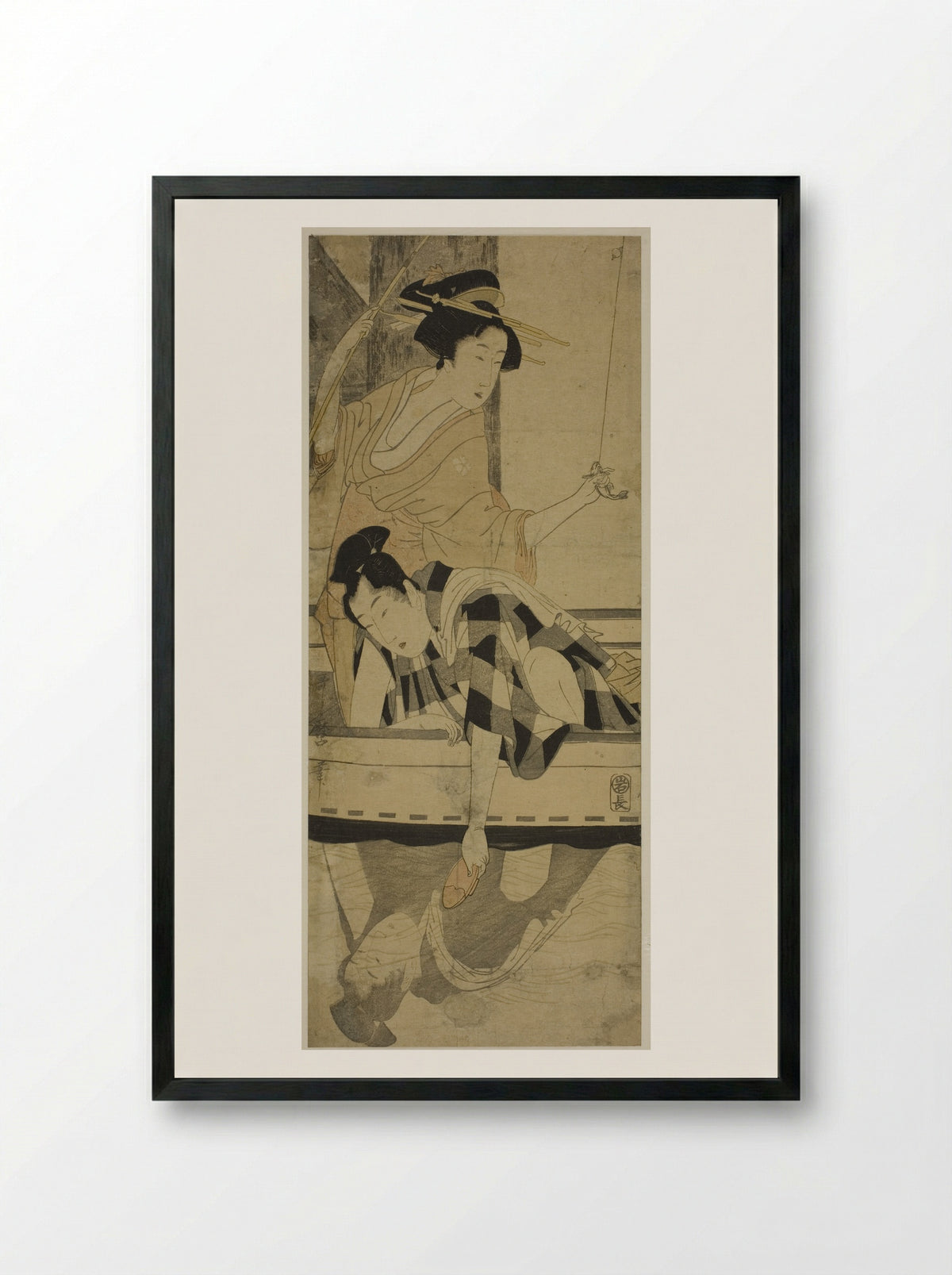 Fishing beneath a Bridge - Kitagawa Utamaro - Framed Print Black