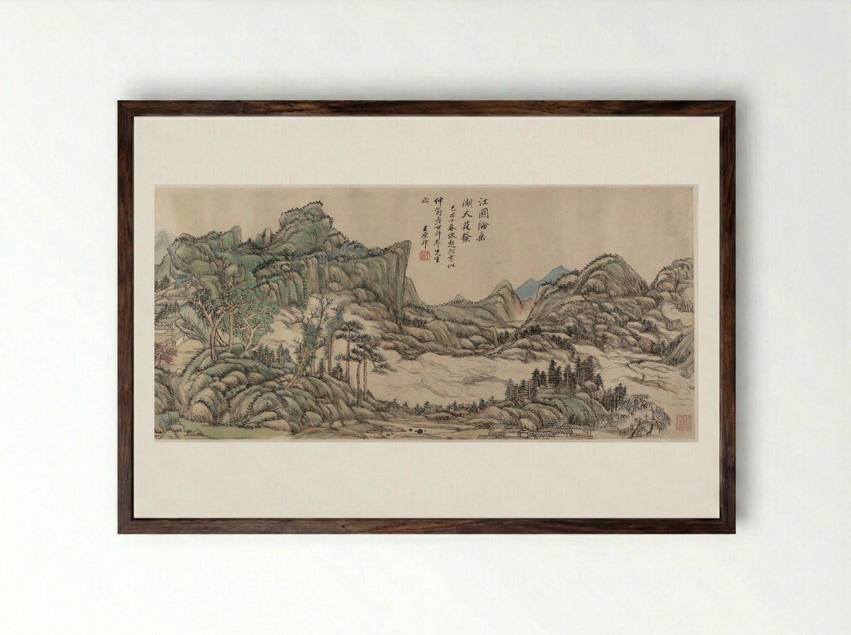 Fishing in River Country at Blossom Time - Wang Yuanqi - Framed Print Dark Wood