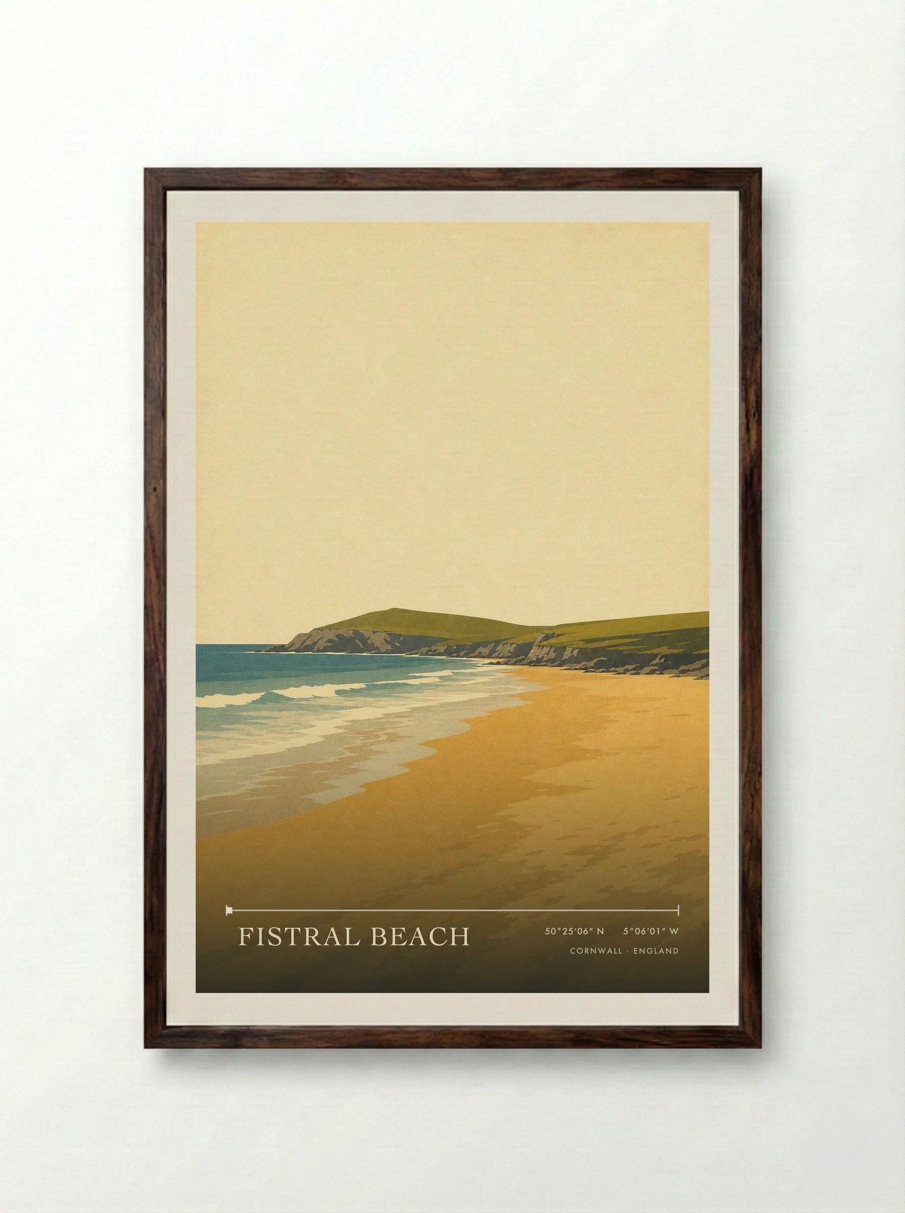 Fistral Beach Cornwall England Travel Poster - Framed Print Dark Wood