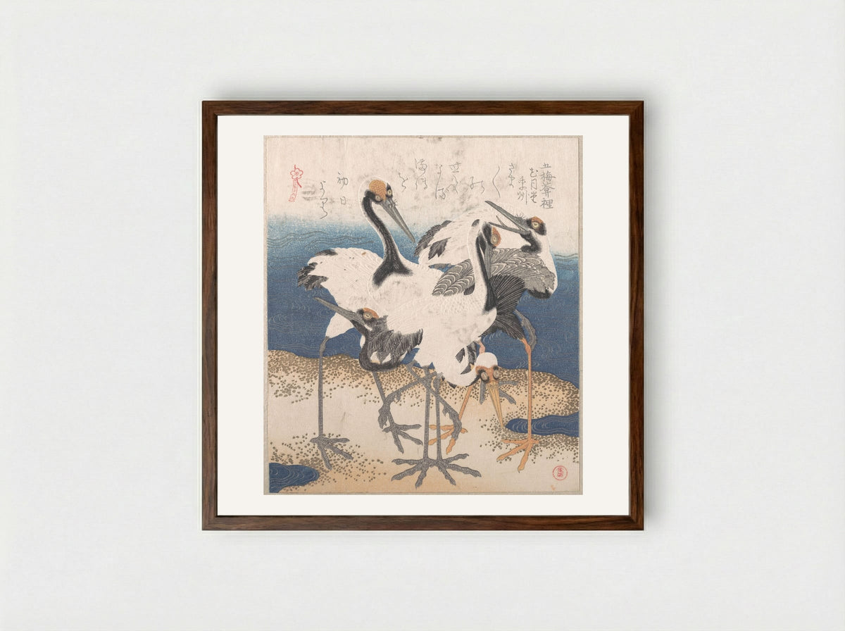 Five Cranes by the Water’s Edge - Totoya Hokkei - Framed Print Dark Wood