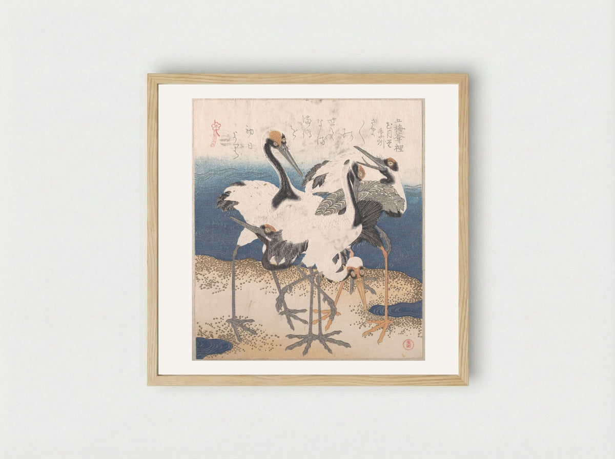 Five Cranes by the Water’s Edge - Totoya Hokkei - Framed Print Wood