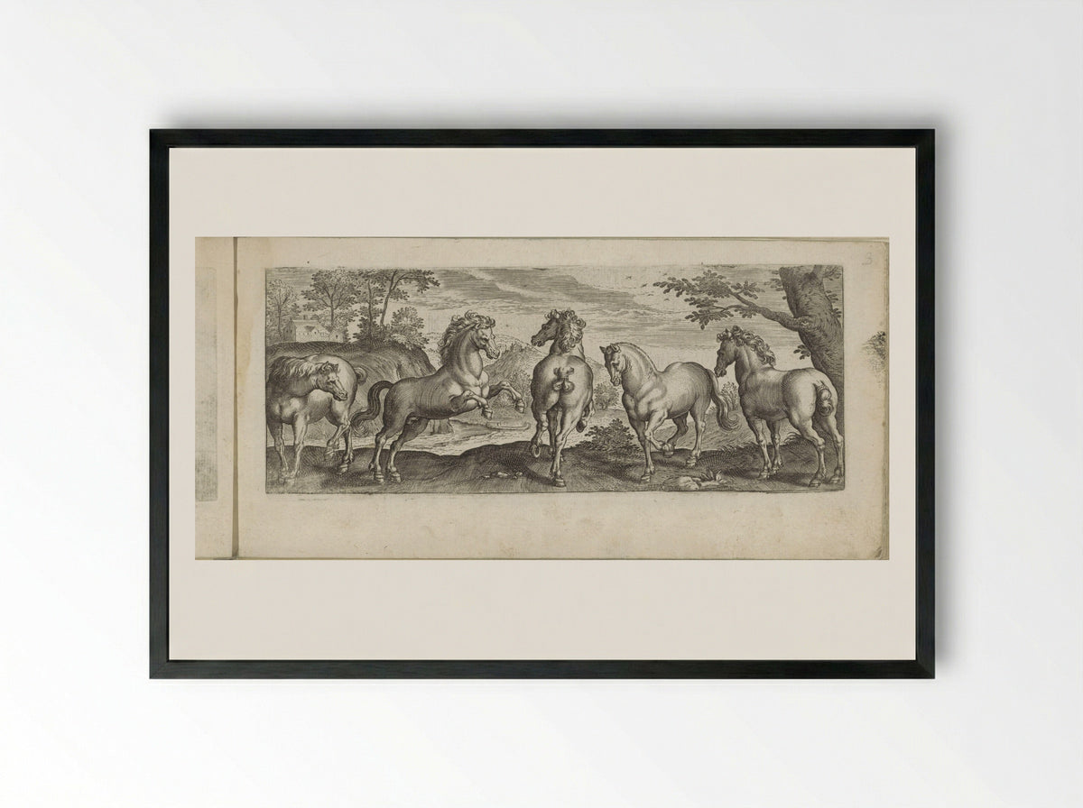 Five Horses in a River Landscape - Eduwart van Hoeswinckel - Framed Print Black