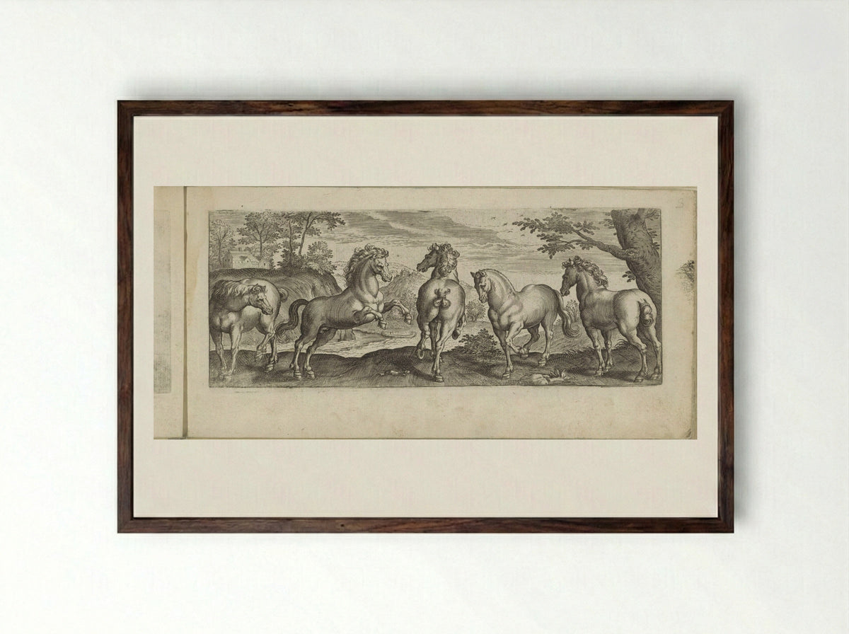 Five Horses in a River Landscape - Eduwart van Hoeswinckel - Framed Print Dark Wood