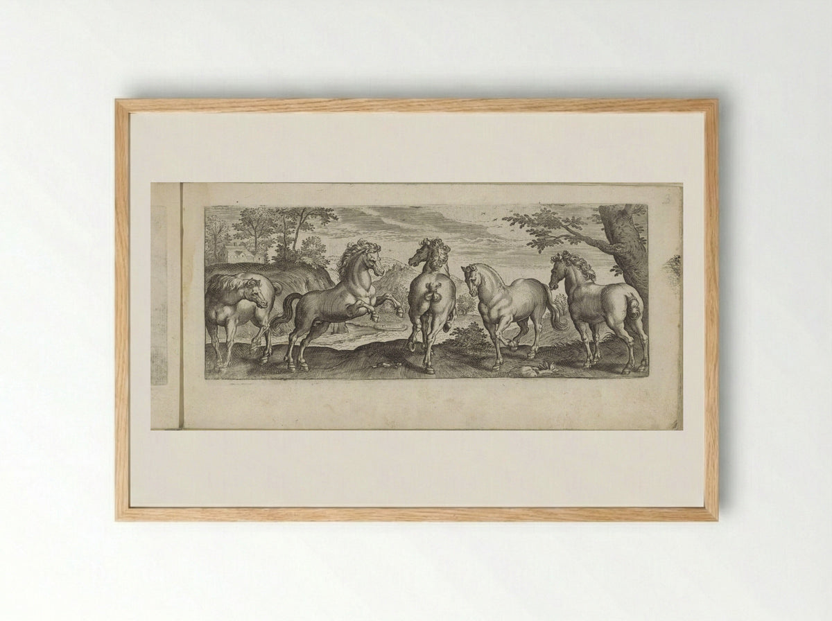 Five Horses in a River Landscape - Eduwart van Hoeswinckel - Framed Print Wood