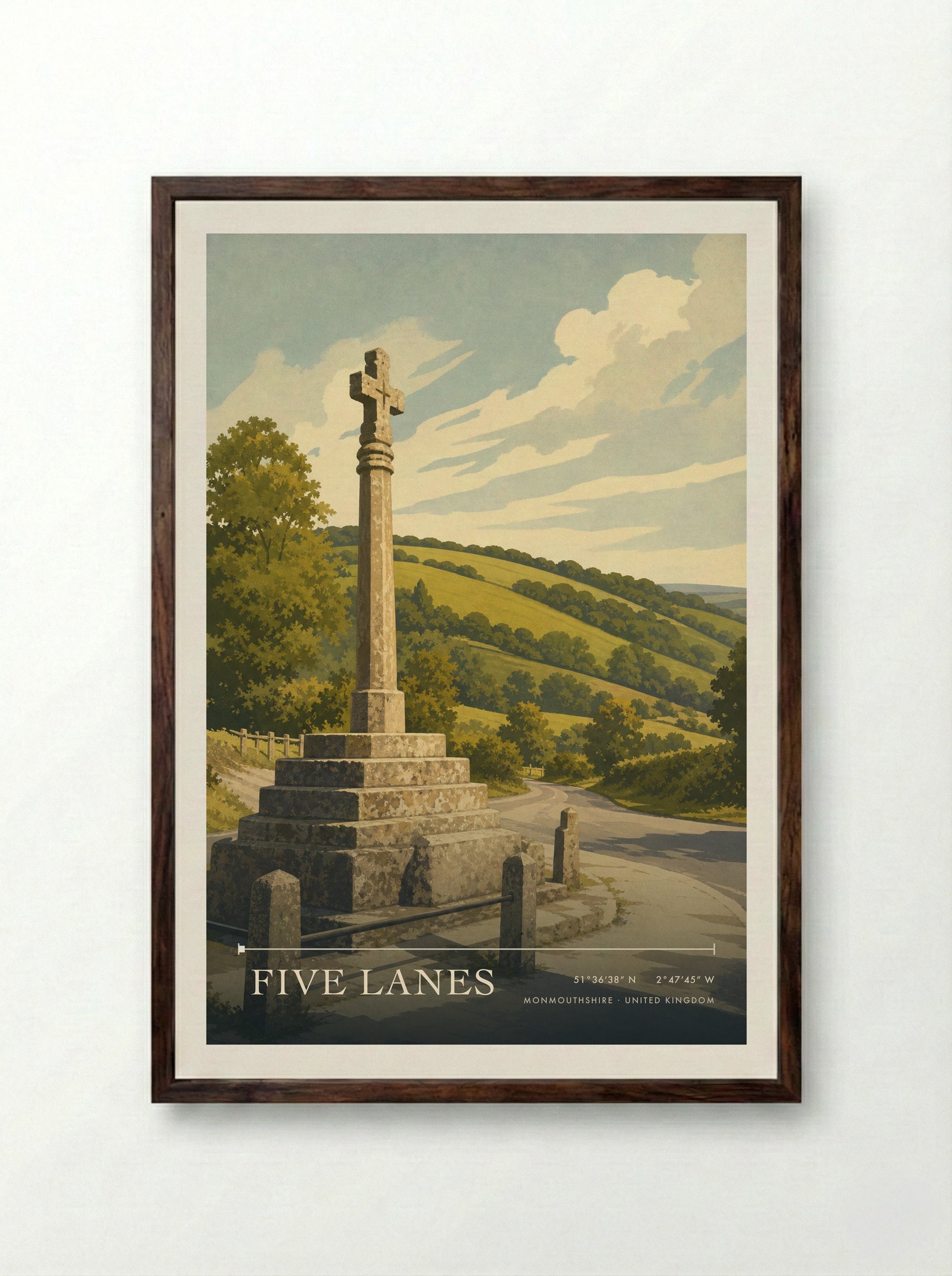 Five Lanes Monmouthshire United Kingdom Travel Poster - Framed Print Dark Wood