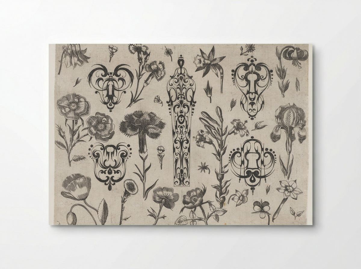 Five Schweifwerk Ornaments Surrounded by Flowers - Meynert Jelissen - Poster
