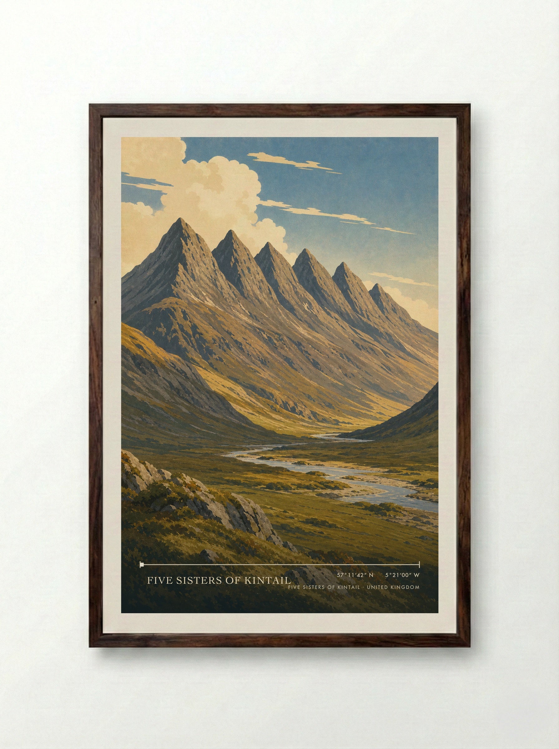 Five Sisters of Kintail United Kingdom Travel Poster - Framed Print Dark Wood