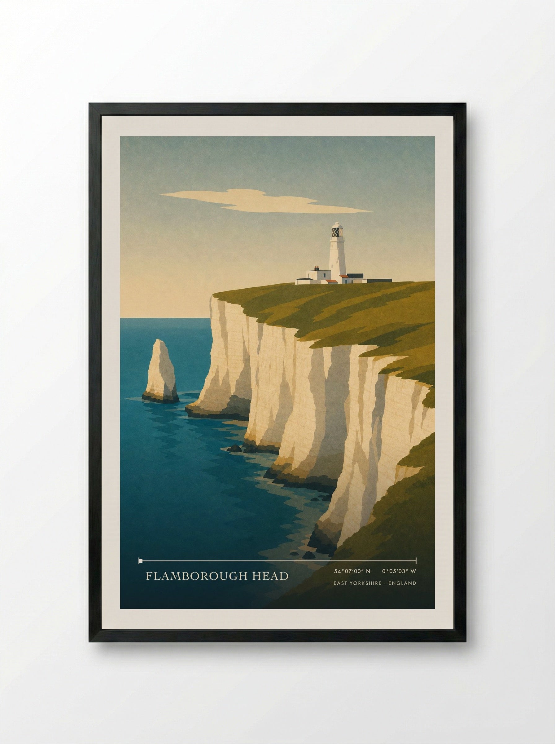 Flamborough Head Travel Poster Artwork - Framed Print Black