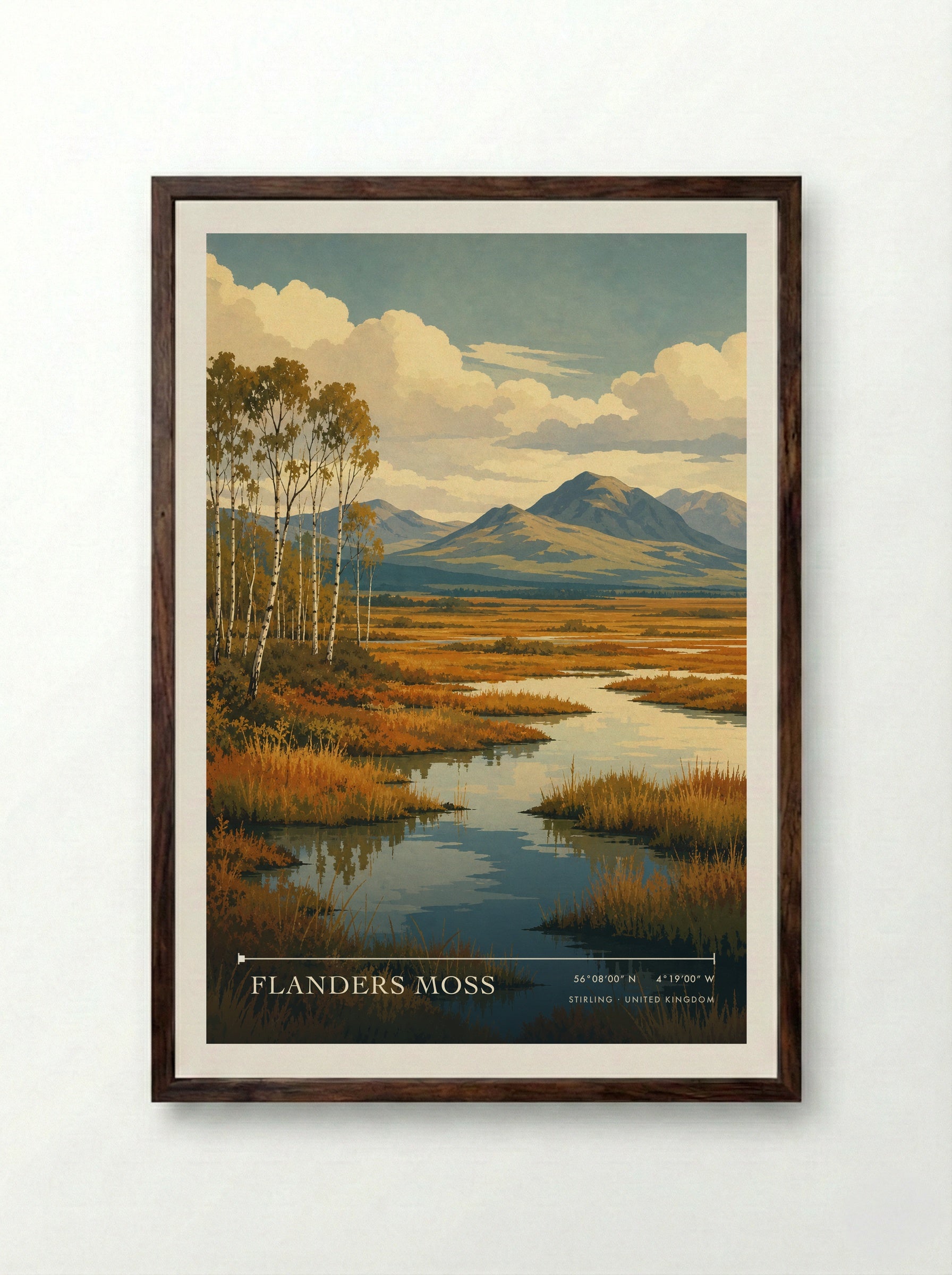 Flanders Moss Stirling United Kingdom Travel Poster - Framed Print Dark Wood