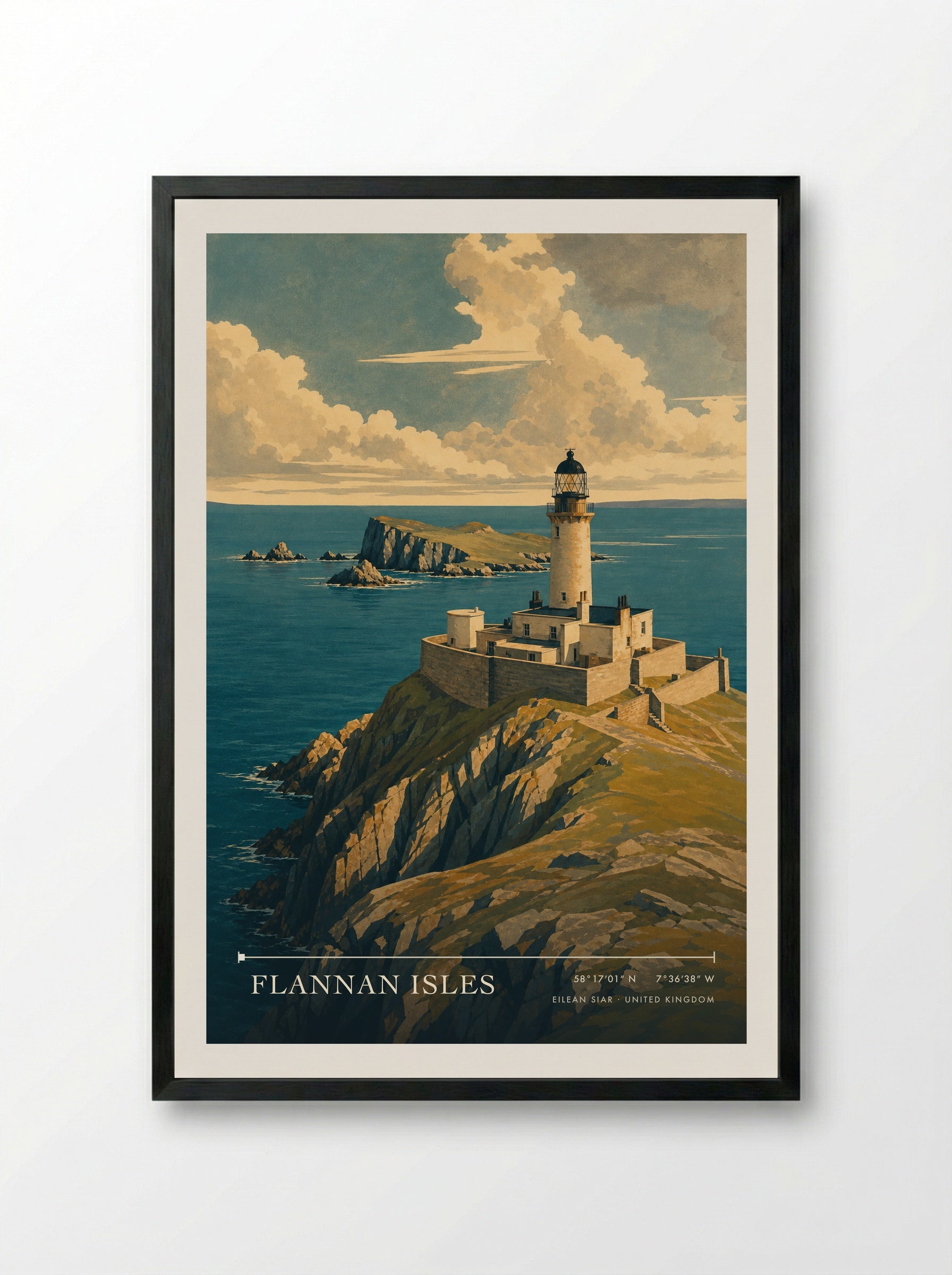 Flannan Isles Eilean Siar United Kingdom Travel Poster - Framed Print Black