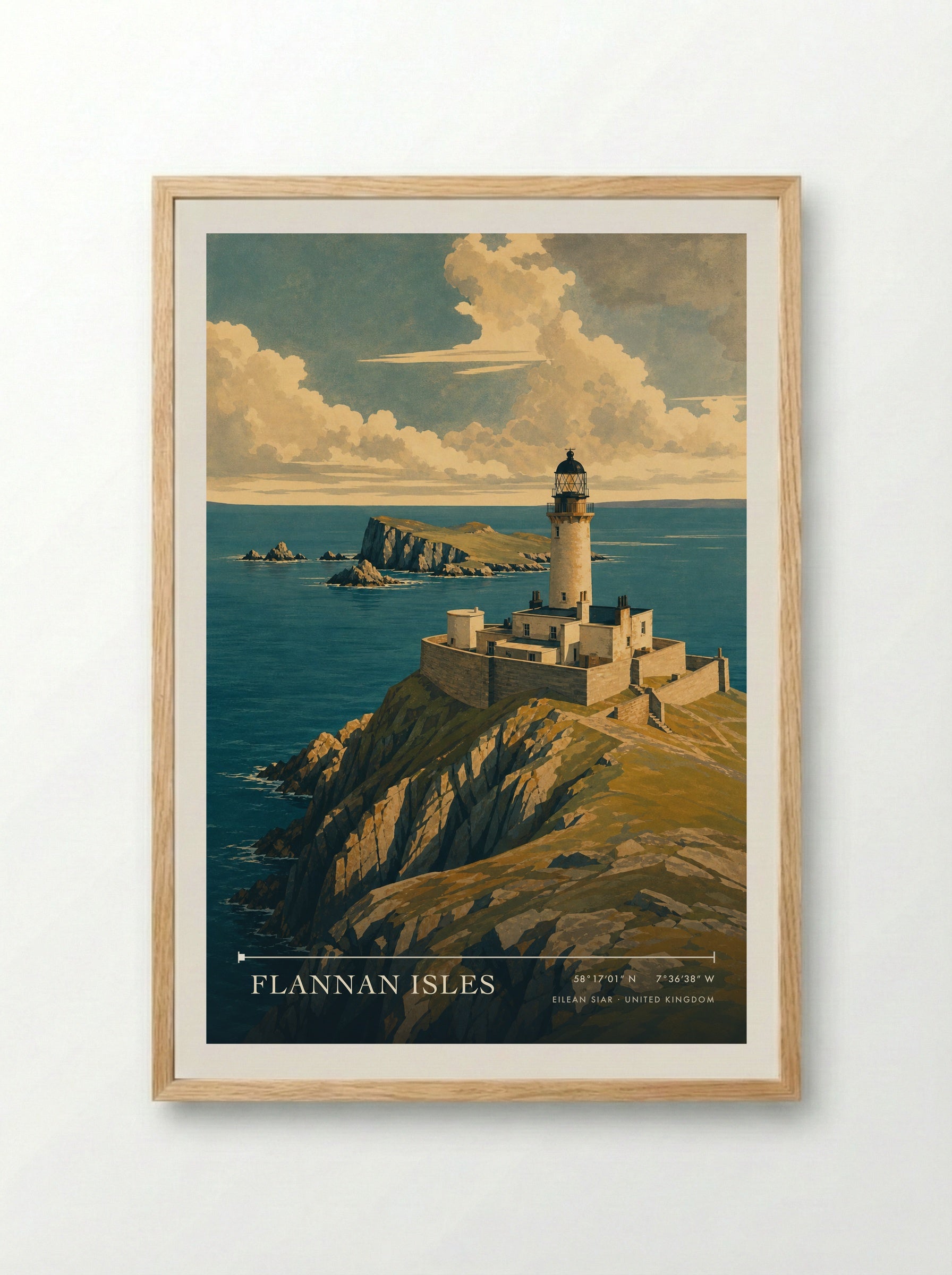Flannan Isles Eilean Siar United Kingdom Travel Poster - Framed Print Wood