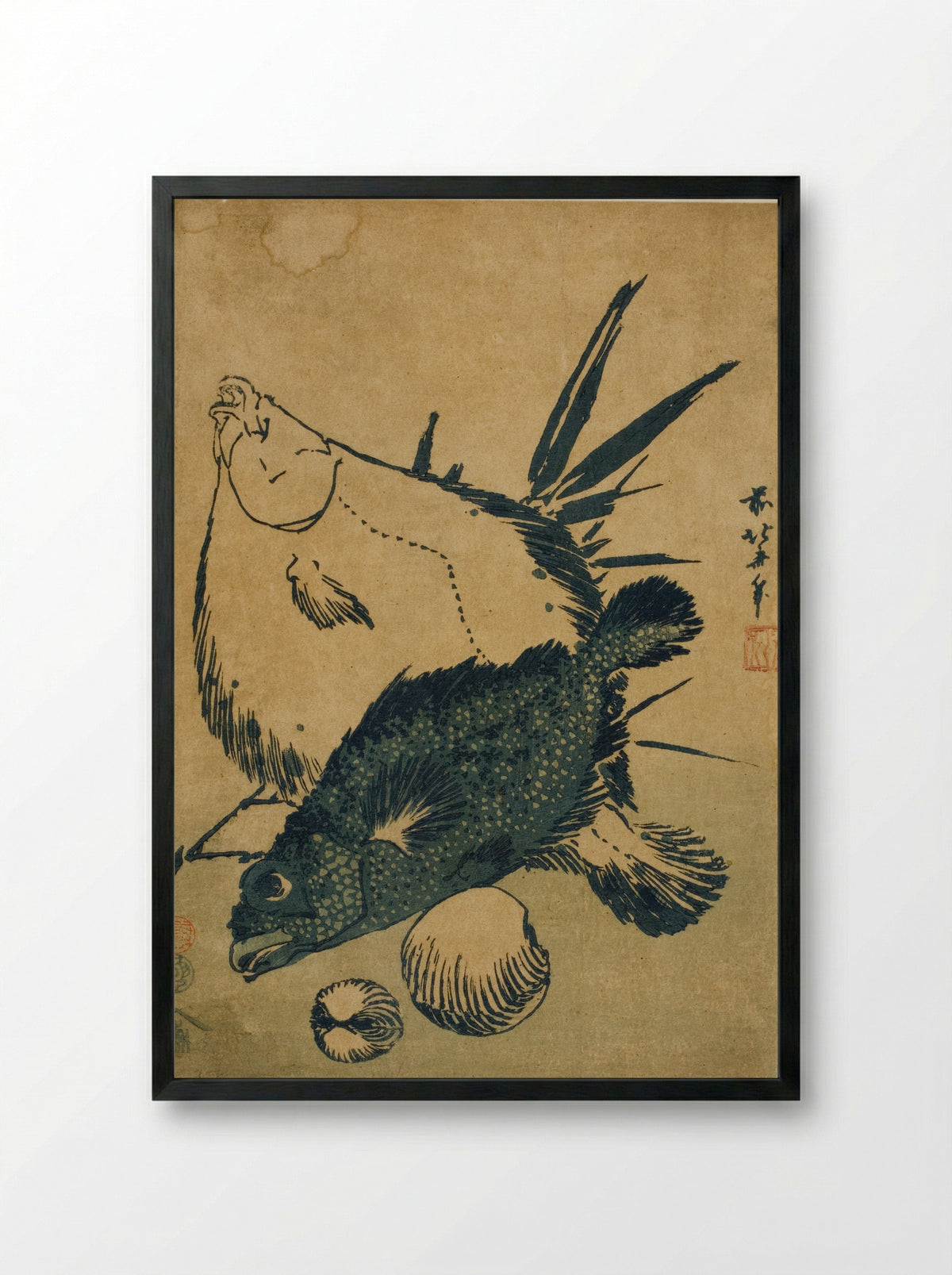 Flatfish, Scorpion Fish, and Shells - Katsushika Hokusai - Framed Print Black
