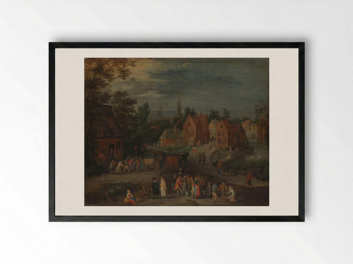 Flemish Village with a Puppeteer and a Small Audience - Peeter Gijsels - Framed Print Black