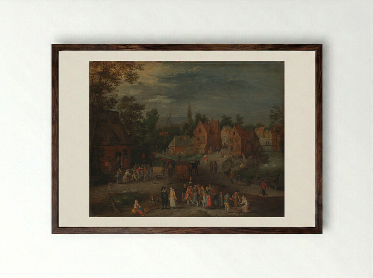 Flemish Village with a Puppeteer and a Small Audience - Peeter Gijsels - Framed Print Dark Wood