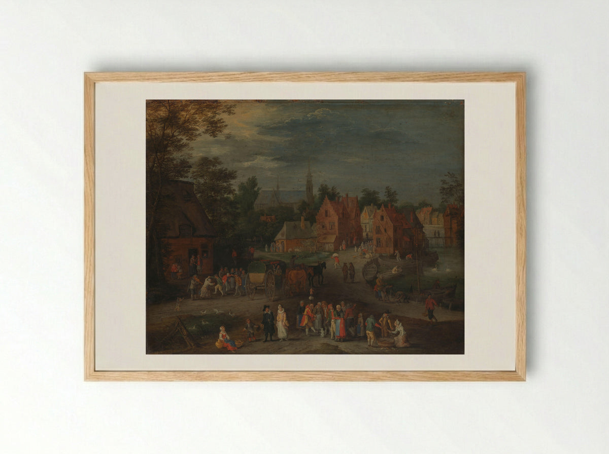 Flemish Village with a Puppeteer and a Small Audience - Peeter Gijsels - Framed Print Wood