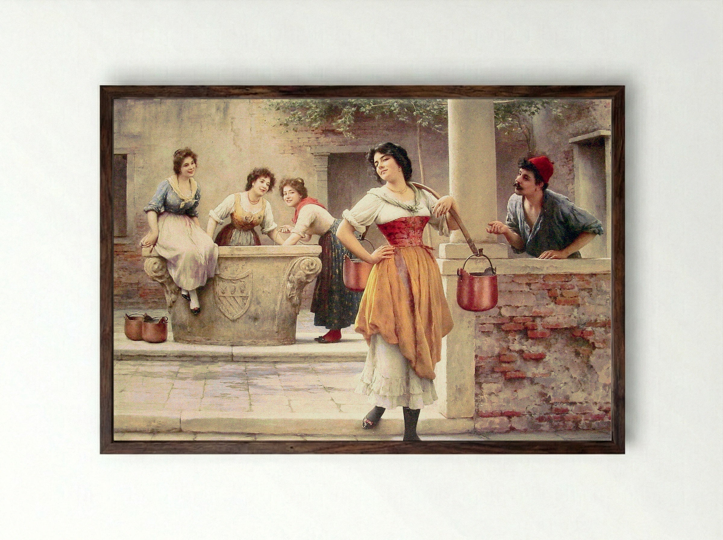 Flirtation at the Well - Eugene de Blaas - Framed Print Dark Wood