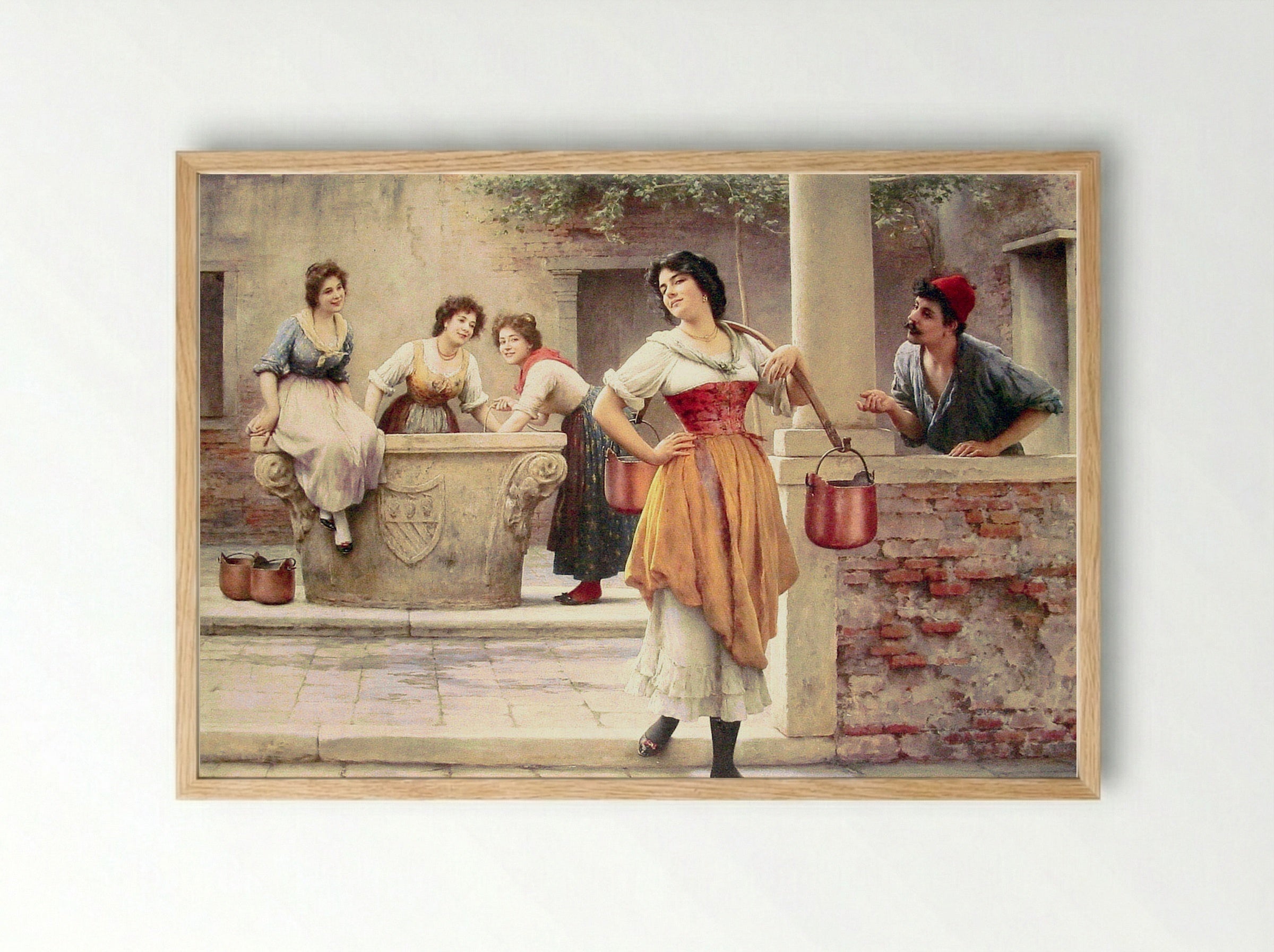 Flirtation at the Well - Eugene de Blaas - Framed Print Wood