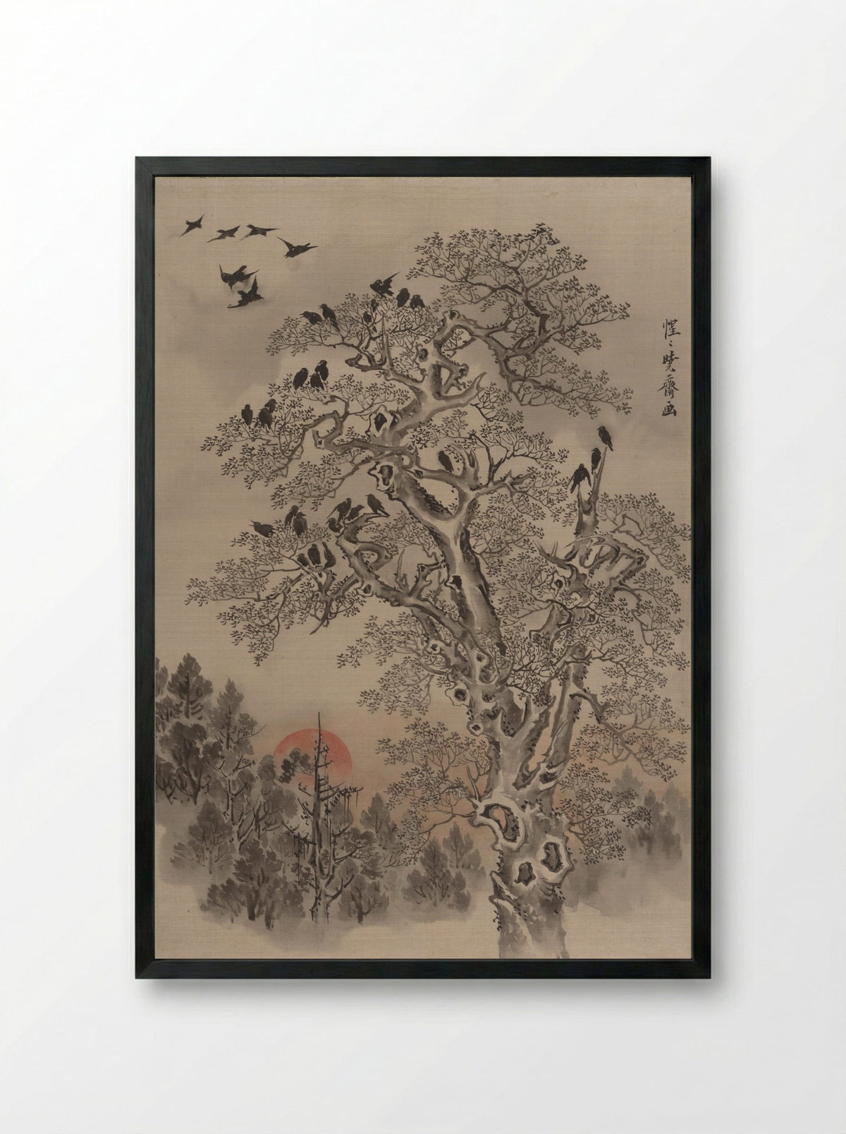 Flock of Crows at Dawn - Kawanabe Kyōsai - Framed Print Black