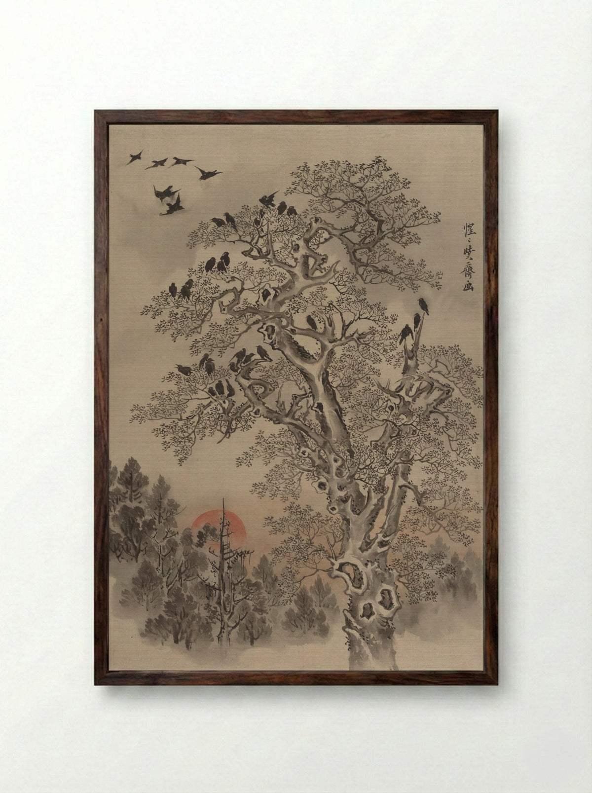 Flock of Crows at Dawn - Kawanabe Kyōsai - Framed Print Dark Wood