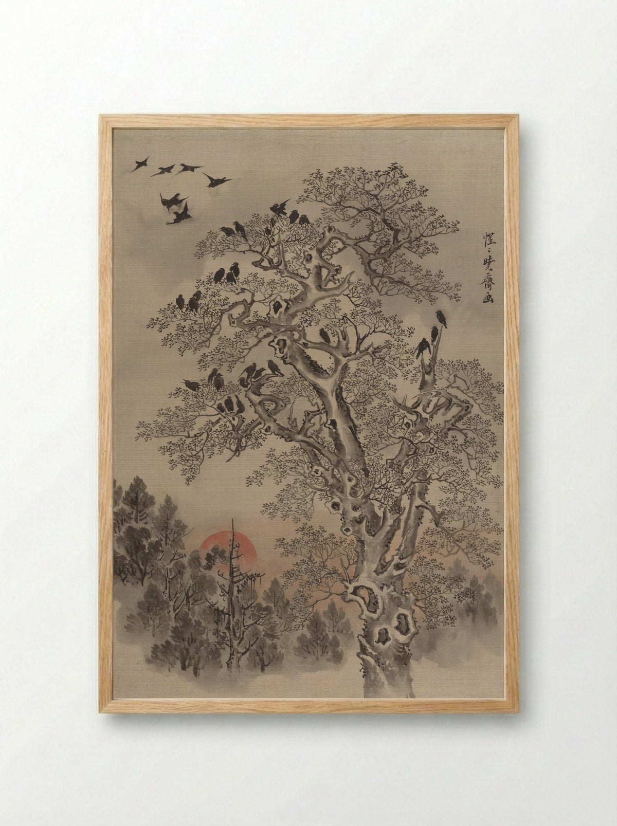Flock of Crows at Dawn - Kawanabe Kyōsai - Framed Print Wood