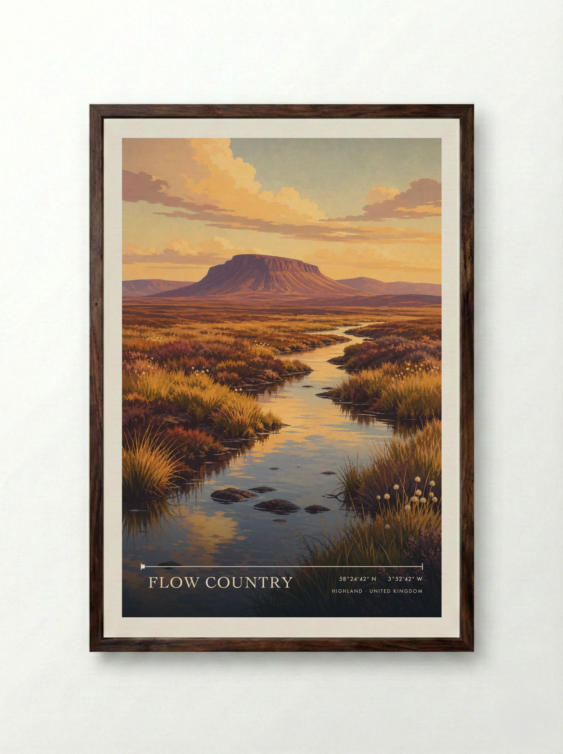 Flow Country Highland United Kingdom Travel Poster - Framed Print Dark Wood
