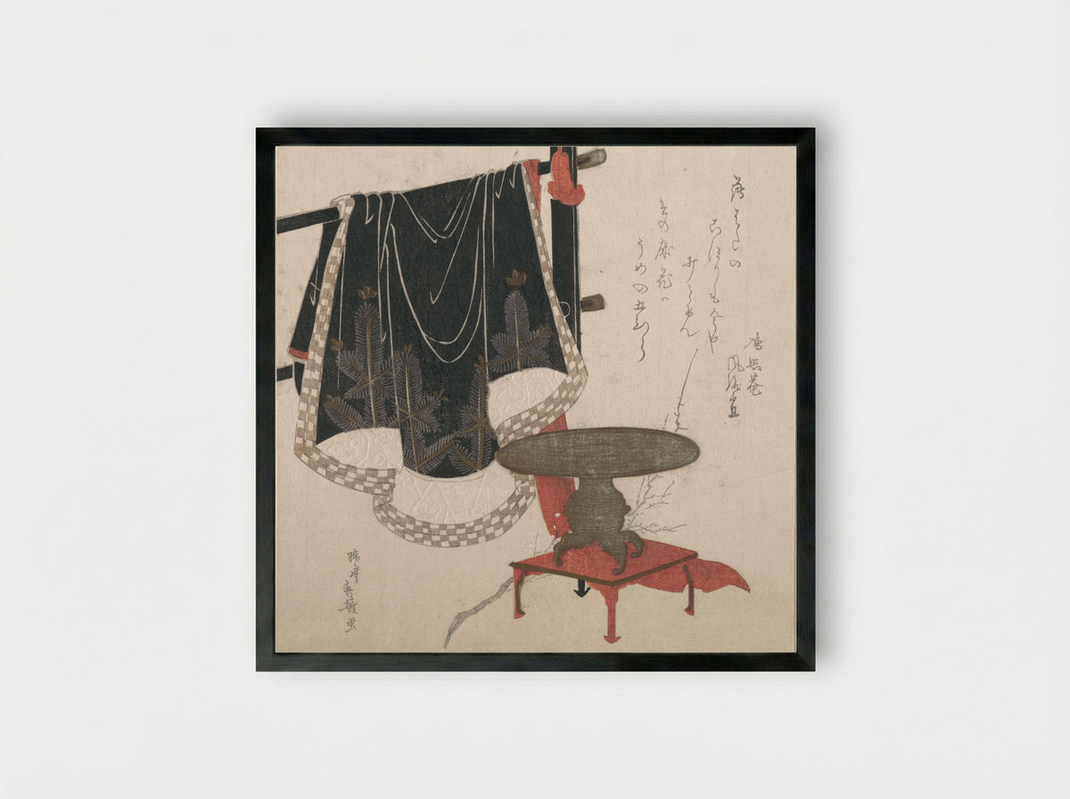 Flower Vase with Stand; Dress Hanging on a Clothesrack - Hachifusa Shūri - Framed Print Black
