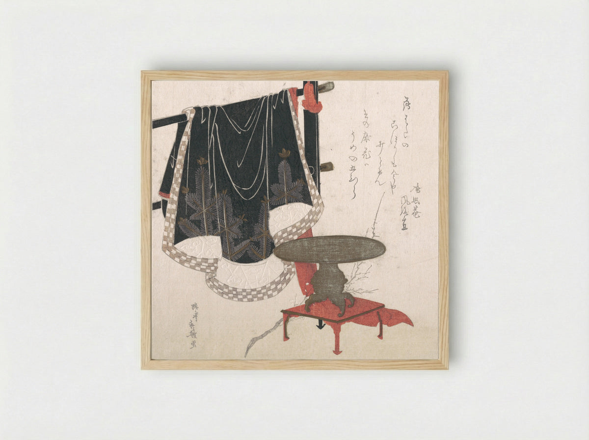 Flower Vase with Stand; Dress Hanging on a Clothesrack - Hachifusa Shūri - Framed Print Wood