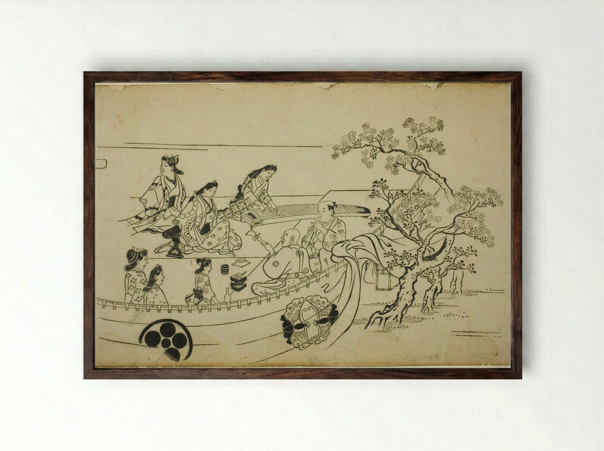 Flower-Viewing Party with Crest-Bearing Curtain - Hishikawa Moronobu - Framed Print Dark Wood