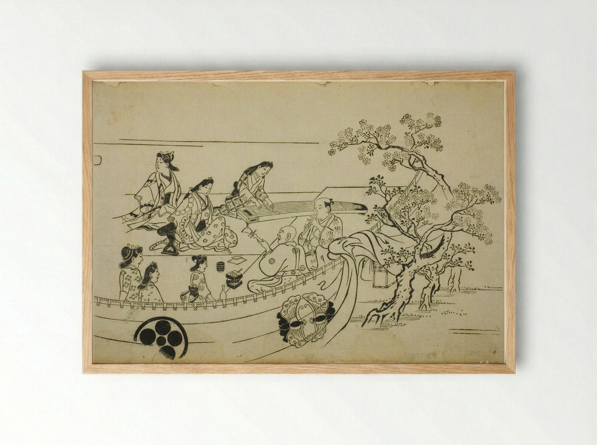 Flower-Viewing Party with Crest-Bearing Curtain - Hishikawa Moronobu - Framed Print Wood
