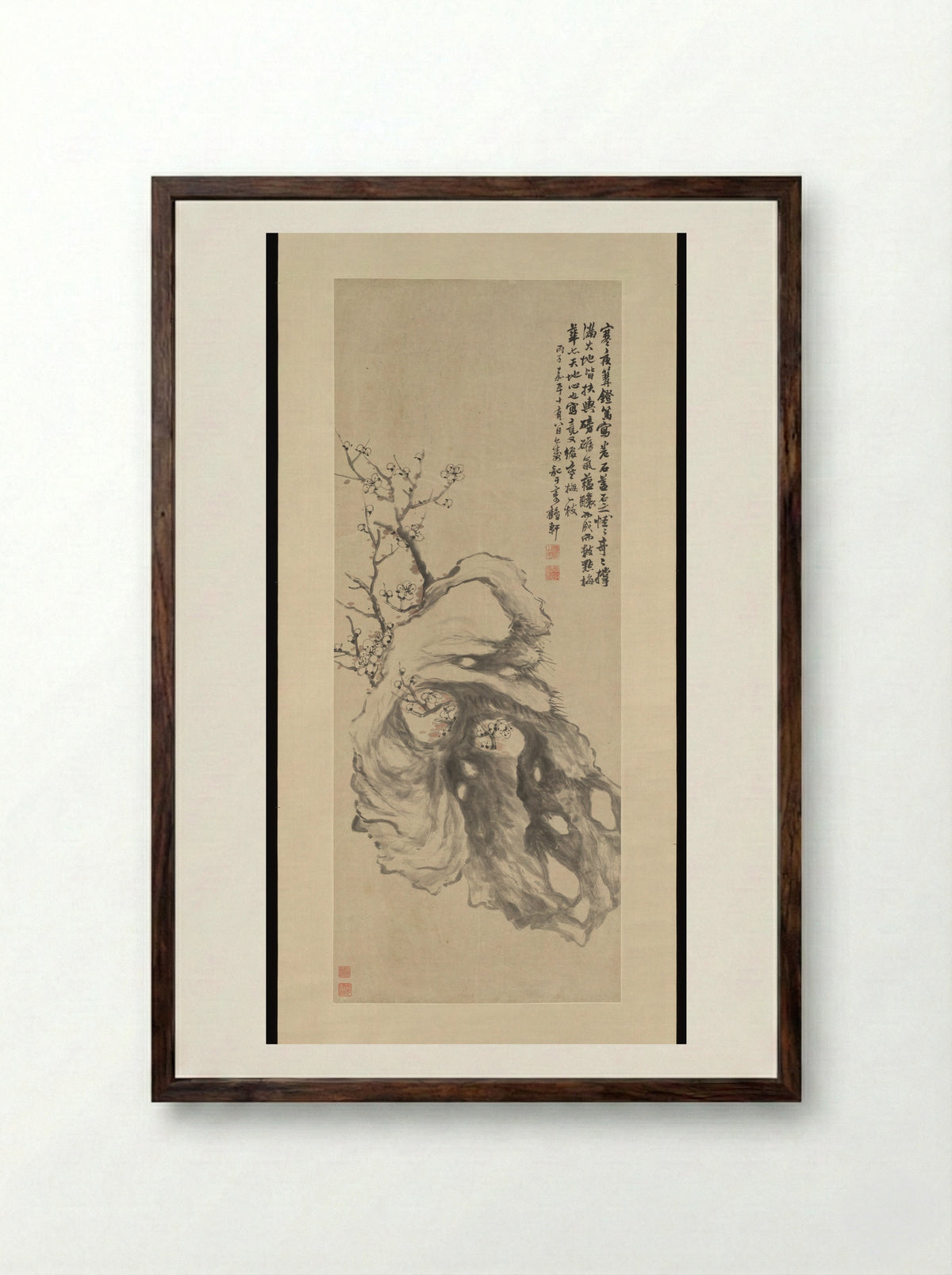 Flowering Plum and Rock - Hu Yuan - Framed Print Dark Wood