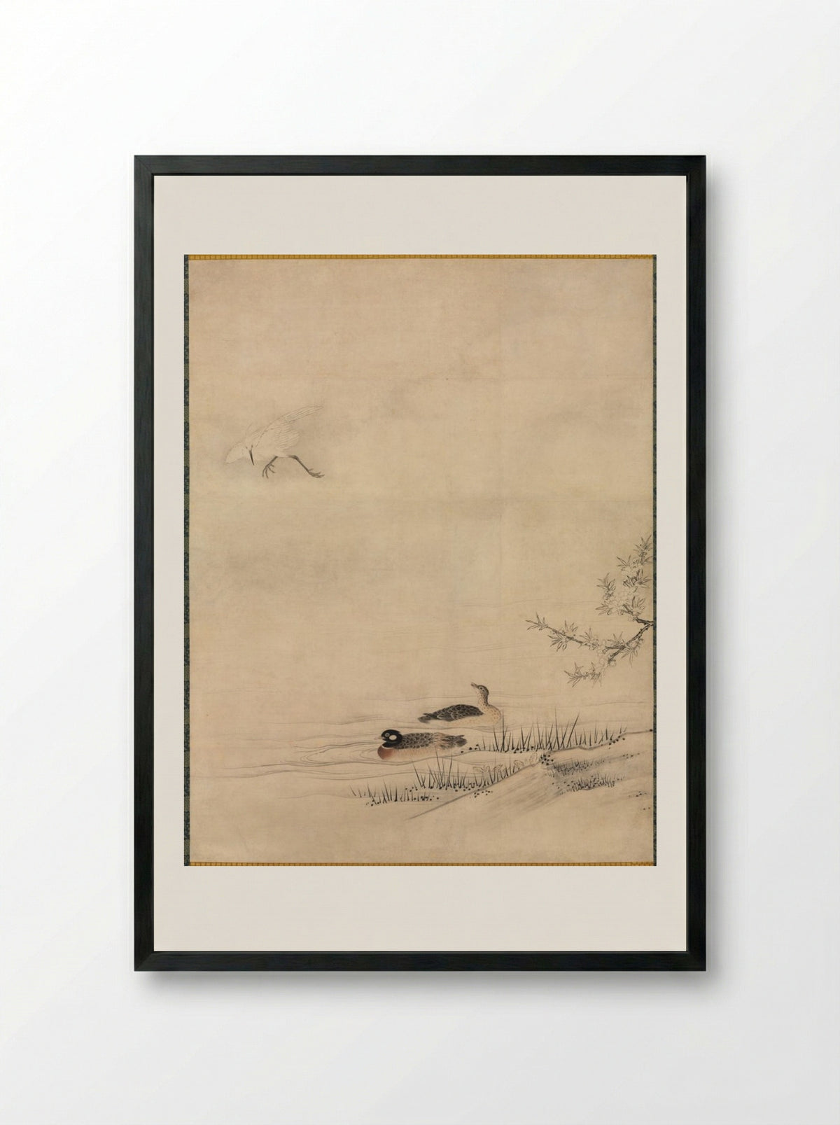 Flowers and Birds in a Spring Landscape - Kano Motonobu - Framed Print Black