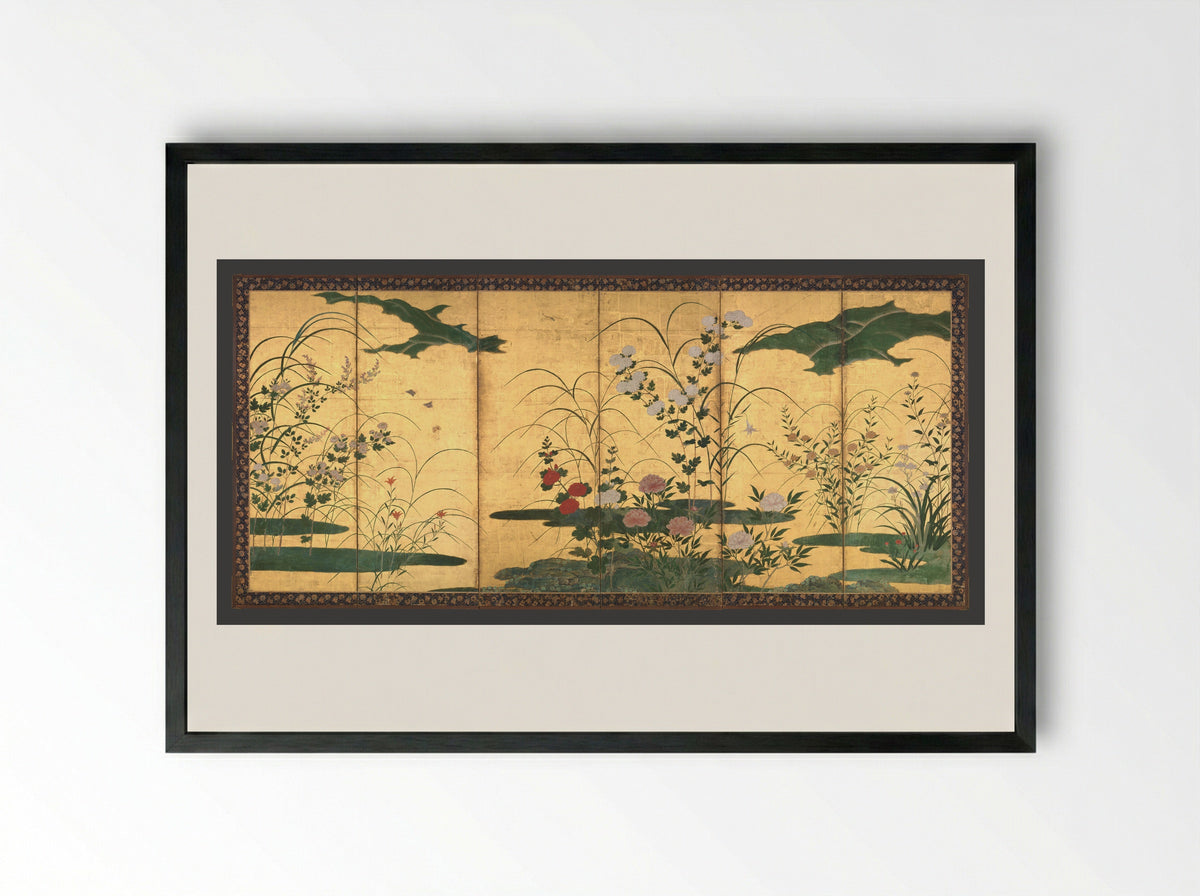 Flowers and Grasses of the Four Seasons - Kano Mitsunobu - Framed Print Black